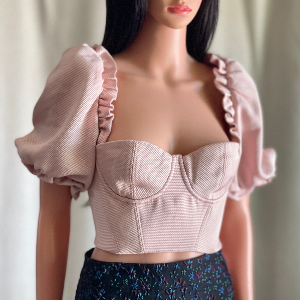 House of CB Federica Blush Pink Ribbed Puff Sleeve Corset Top Bustier Coquette M